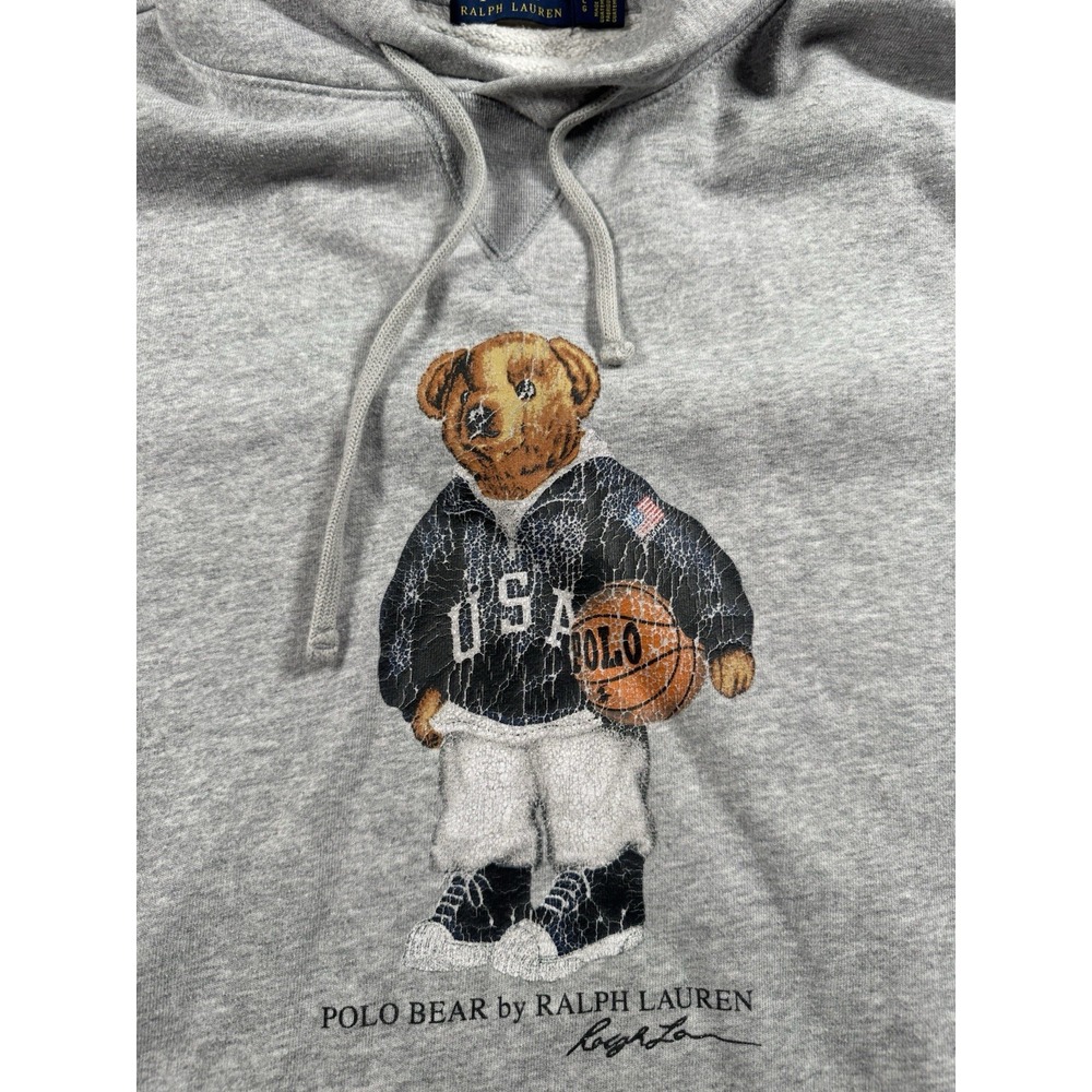 Polo Ralph Lauren Polo Bear USA Basketball Hoodie Gray Mens L Distressed Graphic - Picture 2 of 4